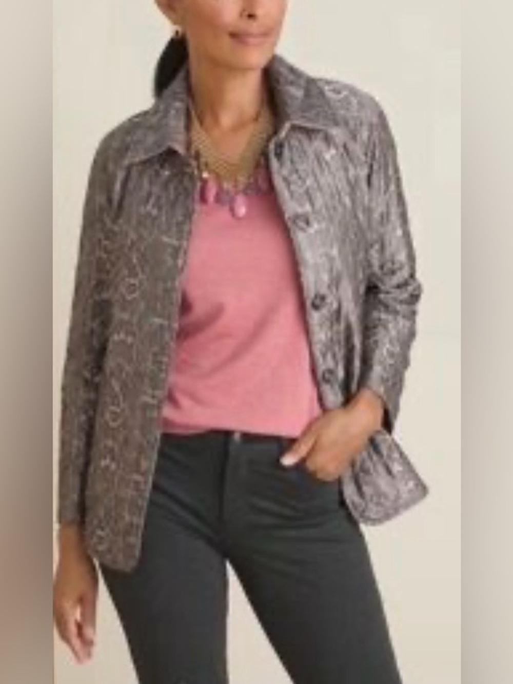 Chicos Barn Jacket Gray Snakeskin Pattern with Satin Lining. Like New Size Large
